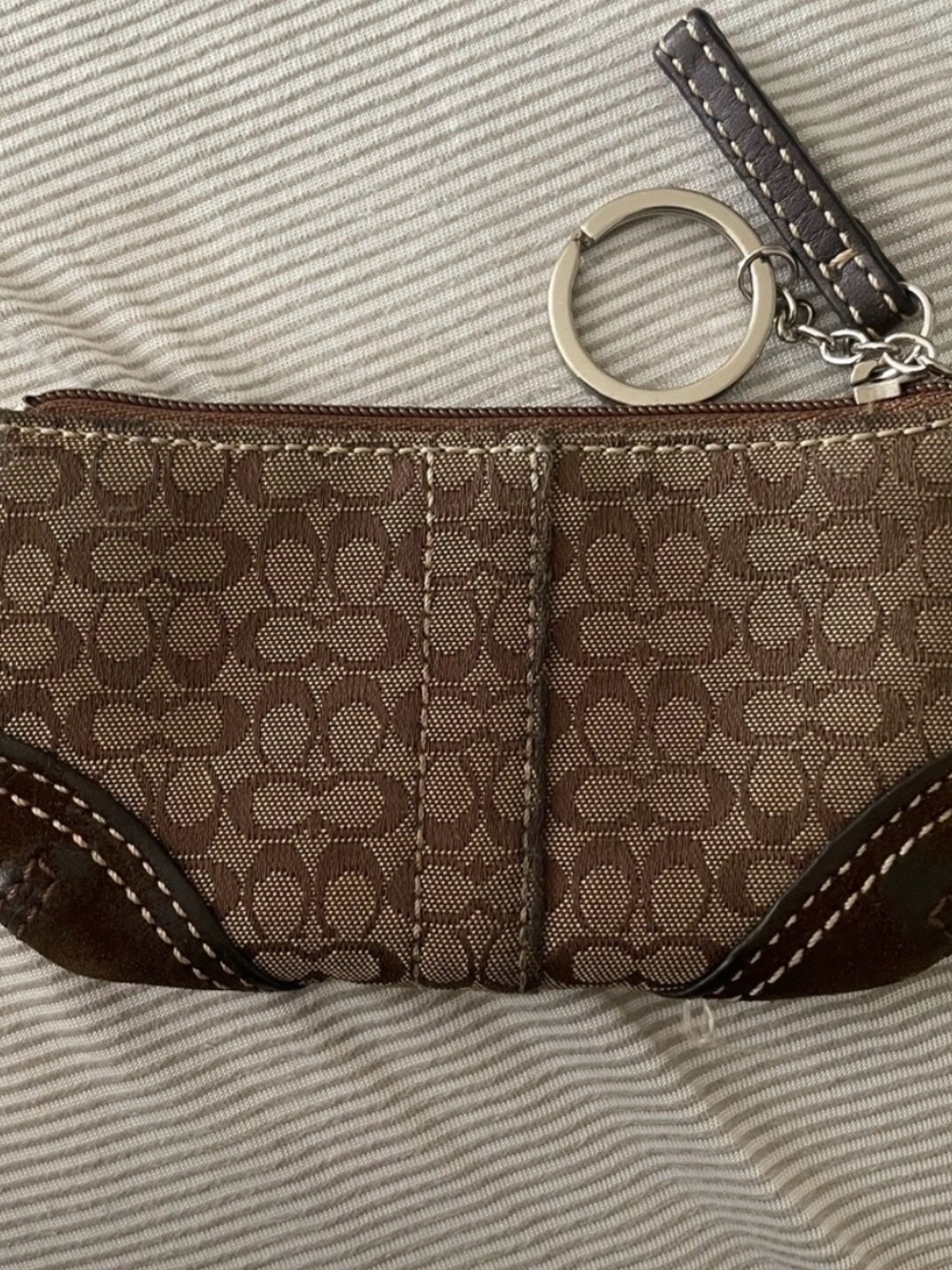 Coach Brown Signature Monogram Key Pouch with Leather Trim